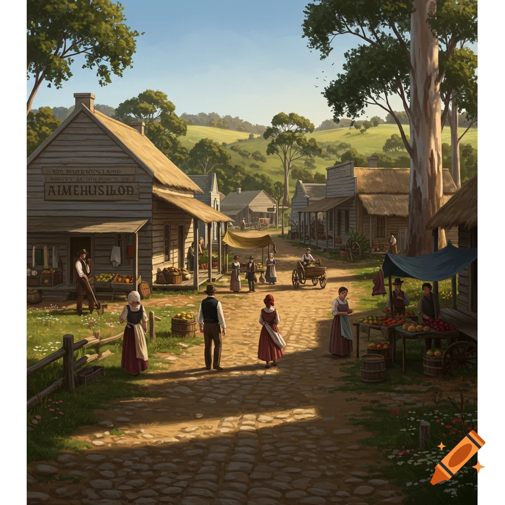 A detailed illustration of a lively 1800s village street scene with wooden buildings, market stalls, and people in historical clothing.