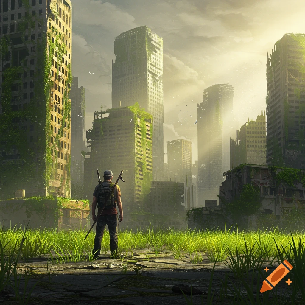 A lone man stands in a desolate, overgrown post-apocalyptic city with tall buildings covered in green vines, under a bright sky.