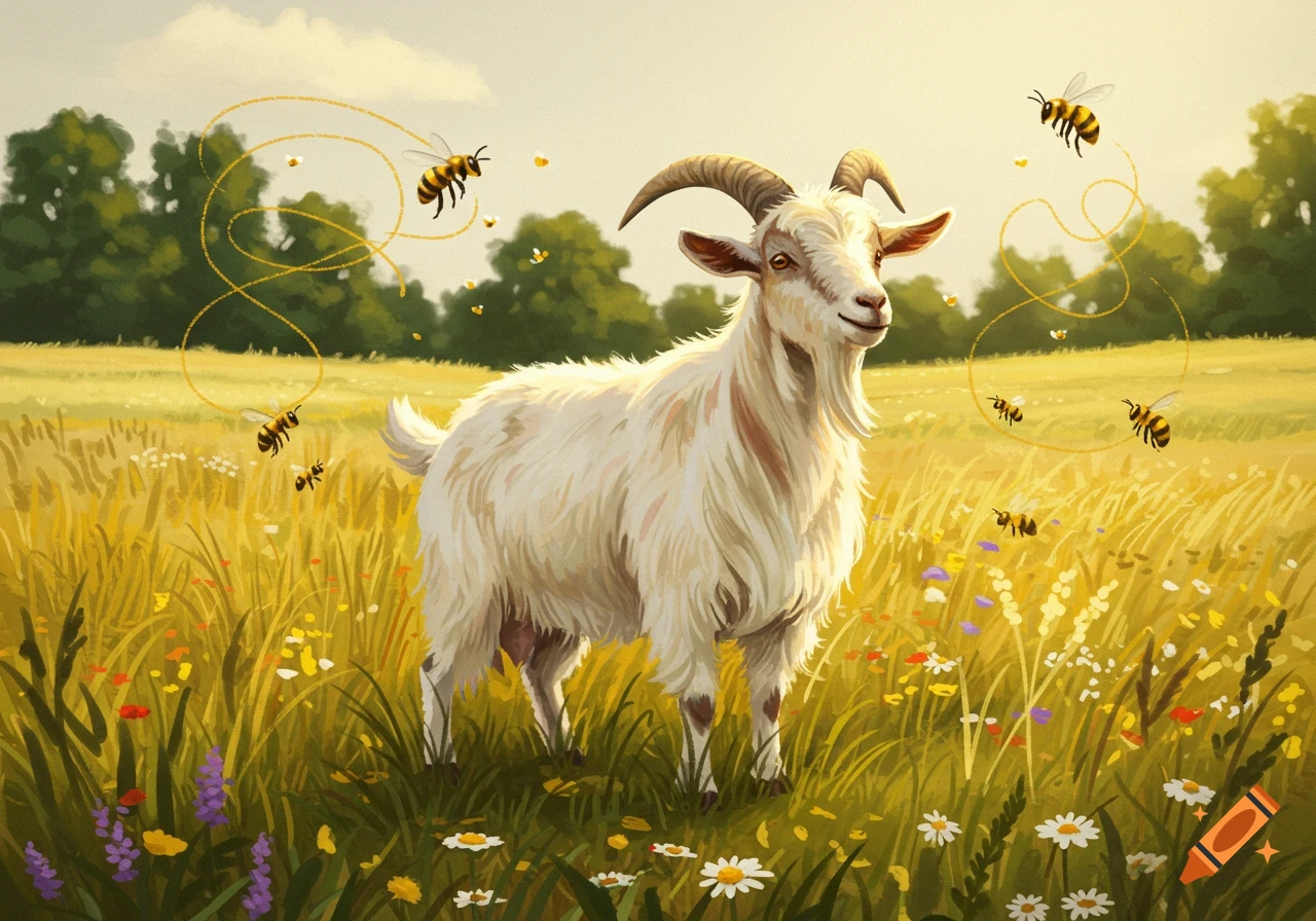 An illustrated white goat with horns stands in a sunny field of wildflowers and tall grass, surrounded by flying bees with golden trails.