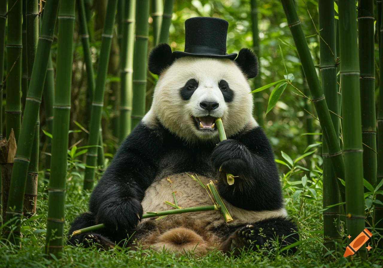A photorealistic panda wearing a black top hat sits in a bamboo forest, happily eating a bamboo stalk.