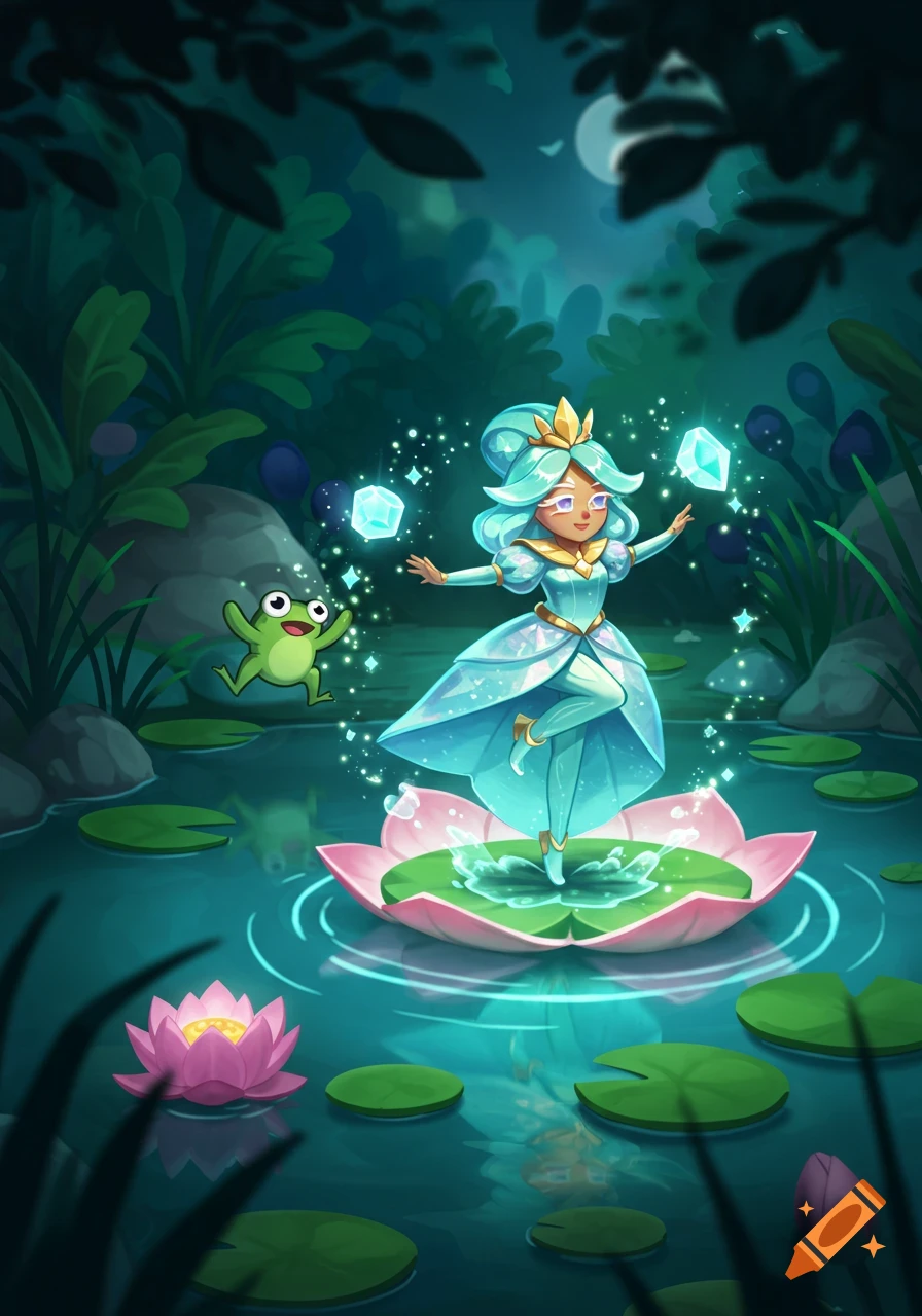 Cartoon princess with blue hair and crown stands on a glowing lily pad, surrounded by magic and ice crystals, with a frog in a magical forest pond.