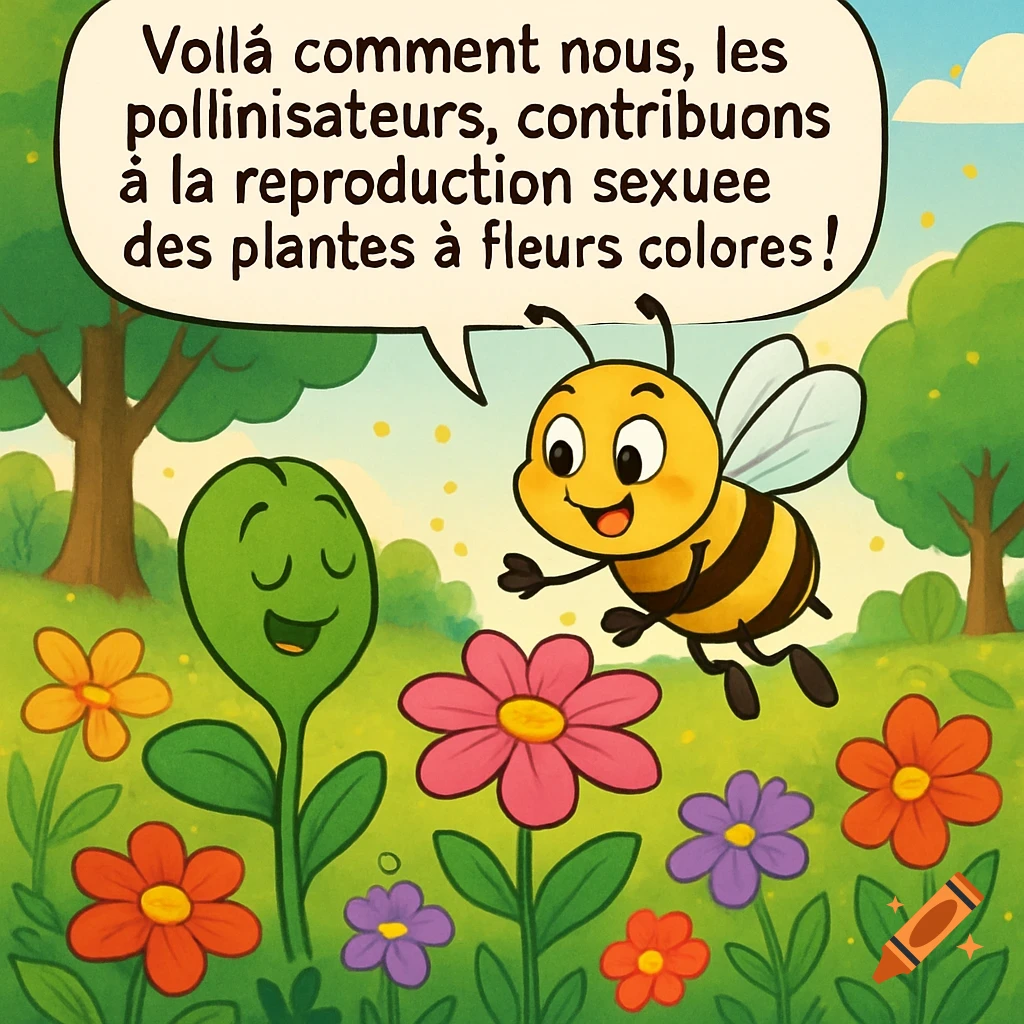 A cartoon bee with a speech bubble explains pollination to a green plant in a field of colorful flowers, in an educational style.