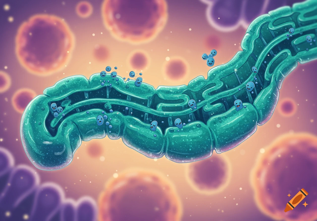 Cartoon illustration of a teal rough endoplasmic reticulum with small smiling blue molecules, against a blurred cellular background.