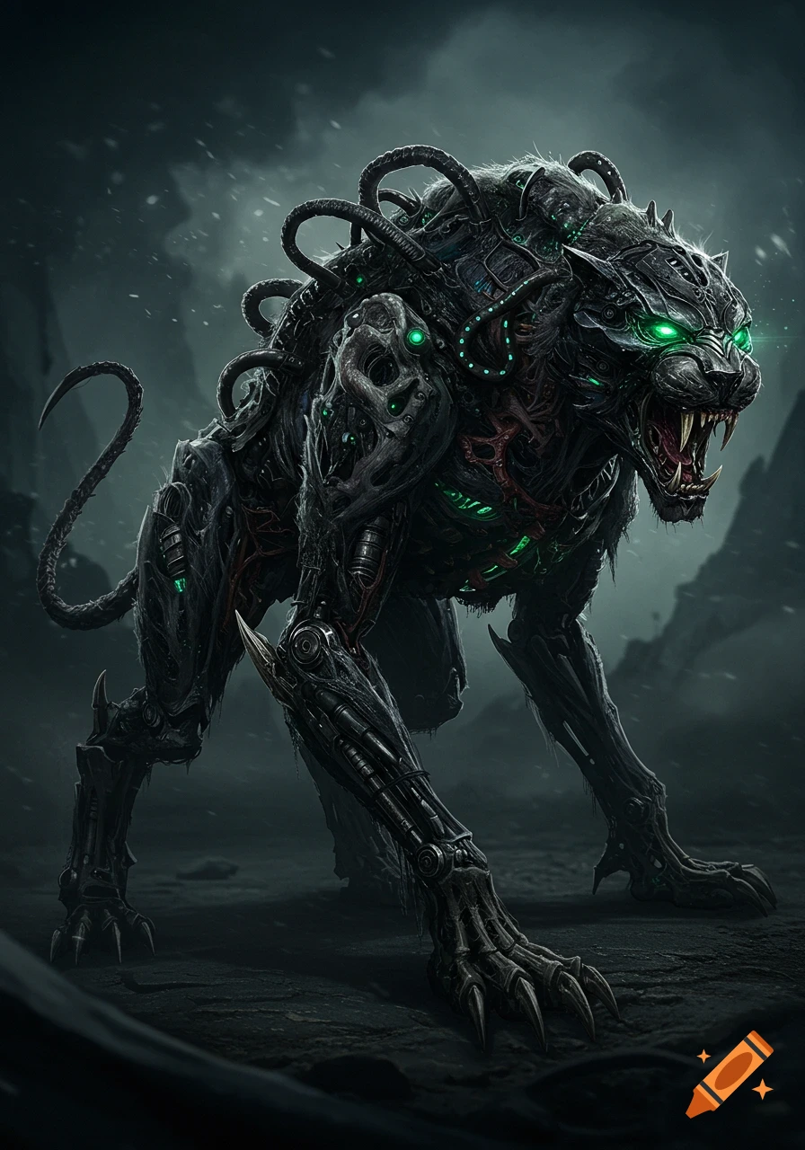 A menacing, dark biomechanical panther with glowing green eyes and exposed wires and organic material stands in a dark, desolate landscape. Photorealistic style.