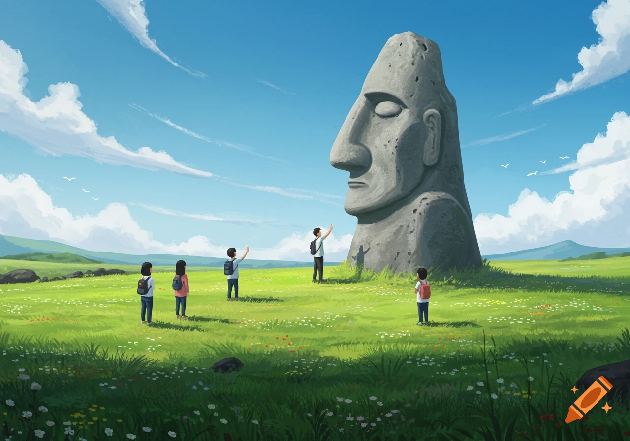 An illustration of a giant stone Moai sculpture in a vibrant green field with several small people looking at it under a blue sky.