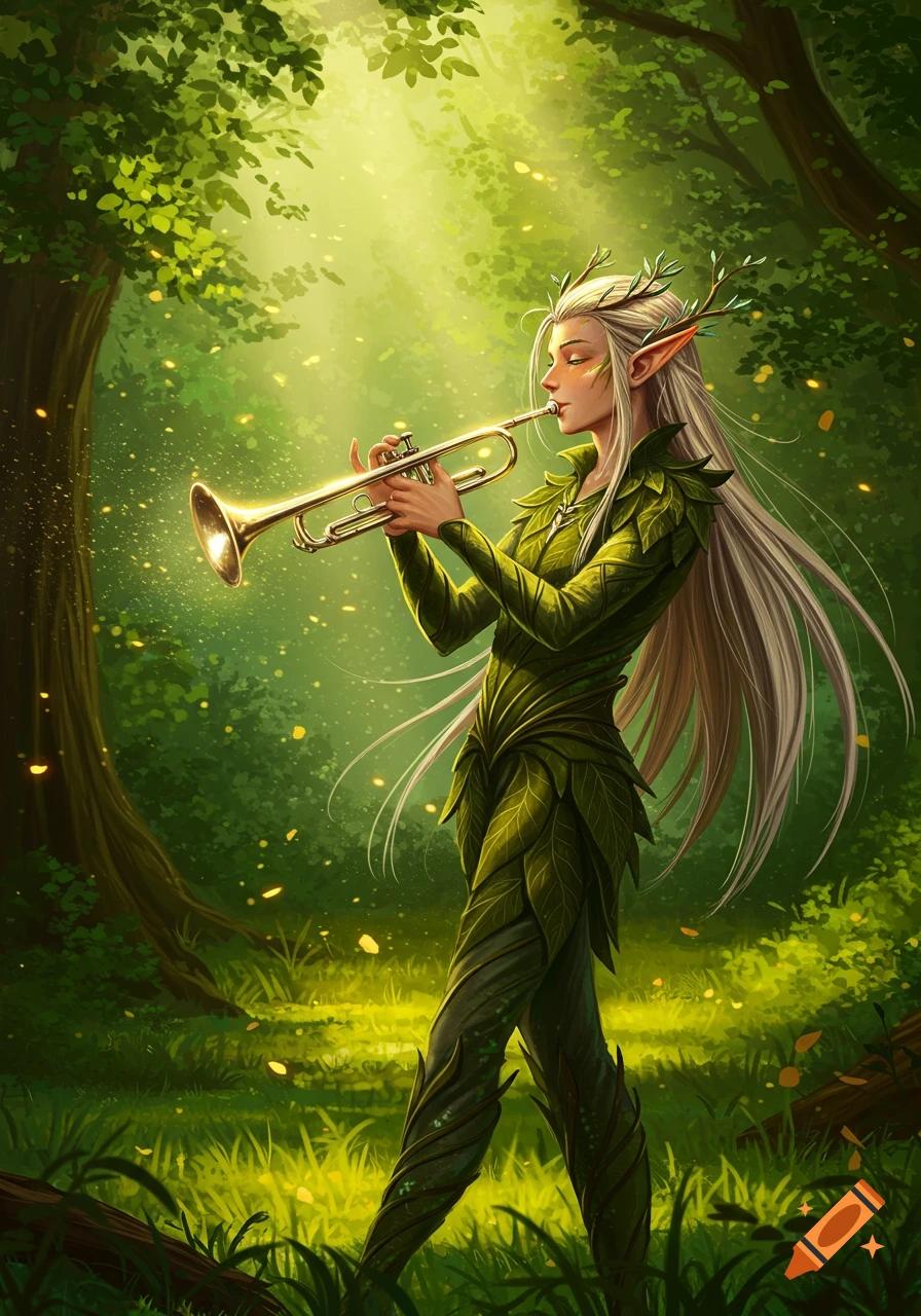 A female elf with long white hair, wearing a leafy green outfit, plays a golden trumpet in a sunlit enchanted forest.