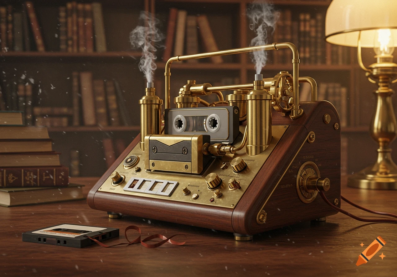 A detailed steampunk gas-powered audio tape player made of polished brass and dark wood, emitting smoke, sits on a desk with books and a table lamp in a library.