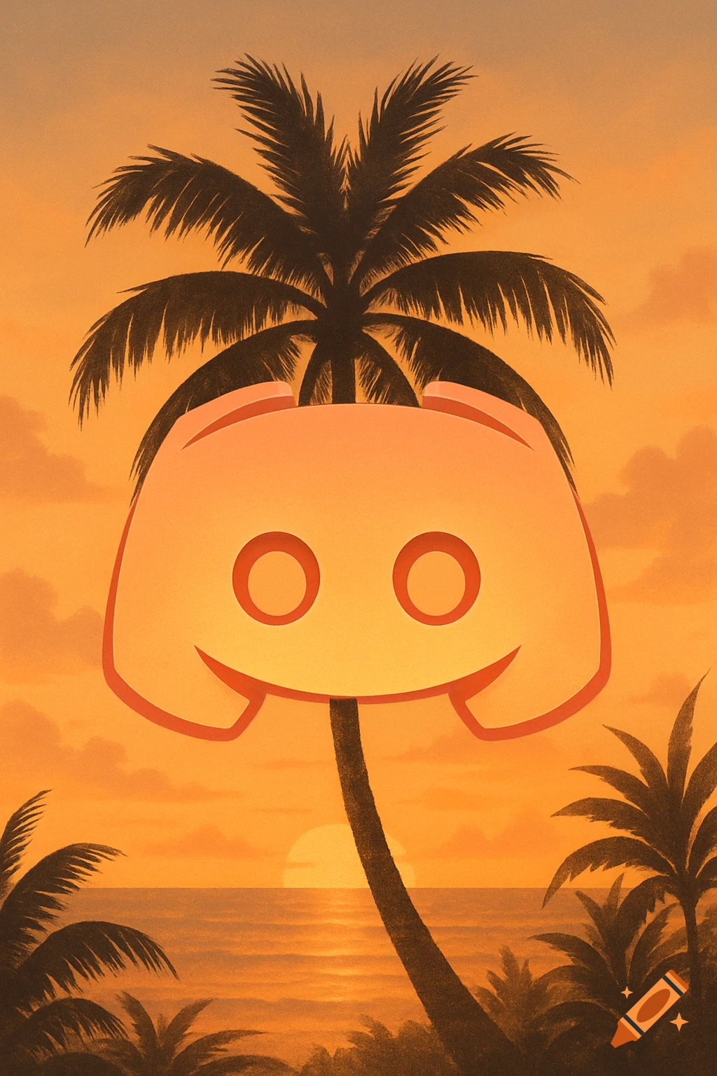 Discord logo merged with a palm tree, silhouetted against a warm orange sunset over the ocean.