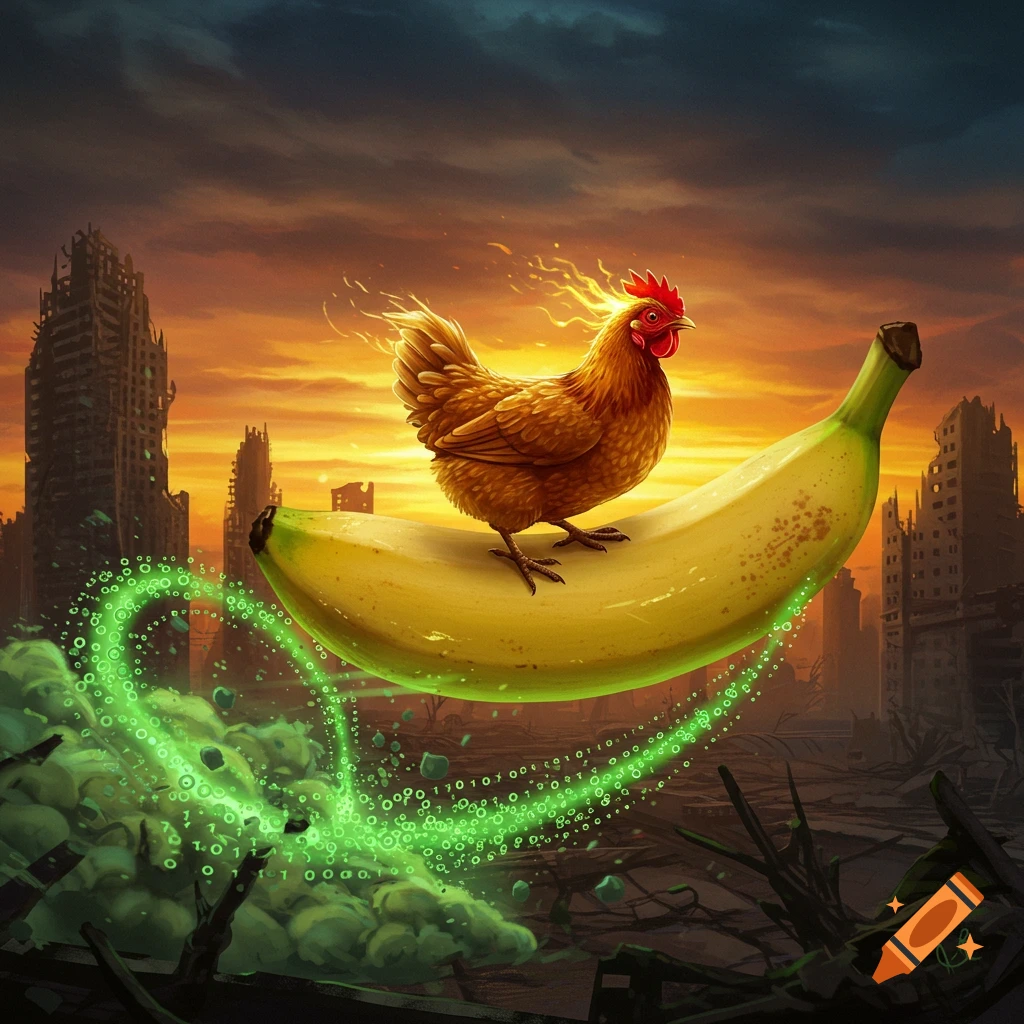 A fiery chicken rides a glowing banana emitting green binary code over a post-apocalyptic city at sunset.