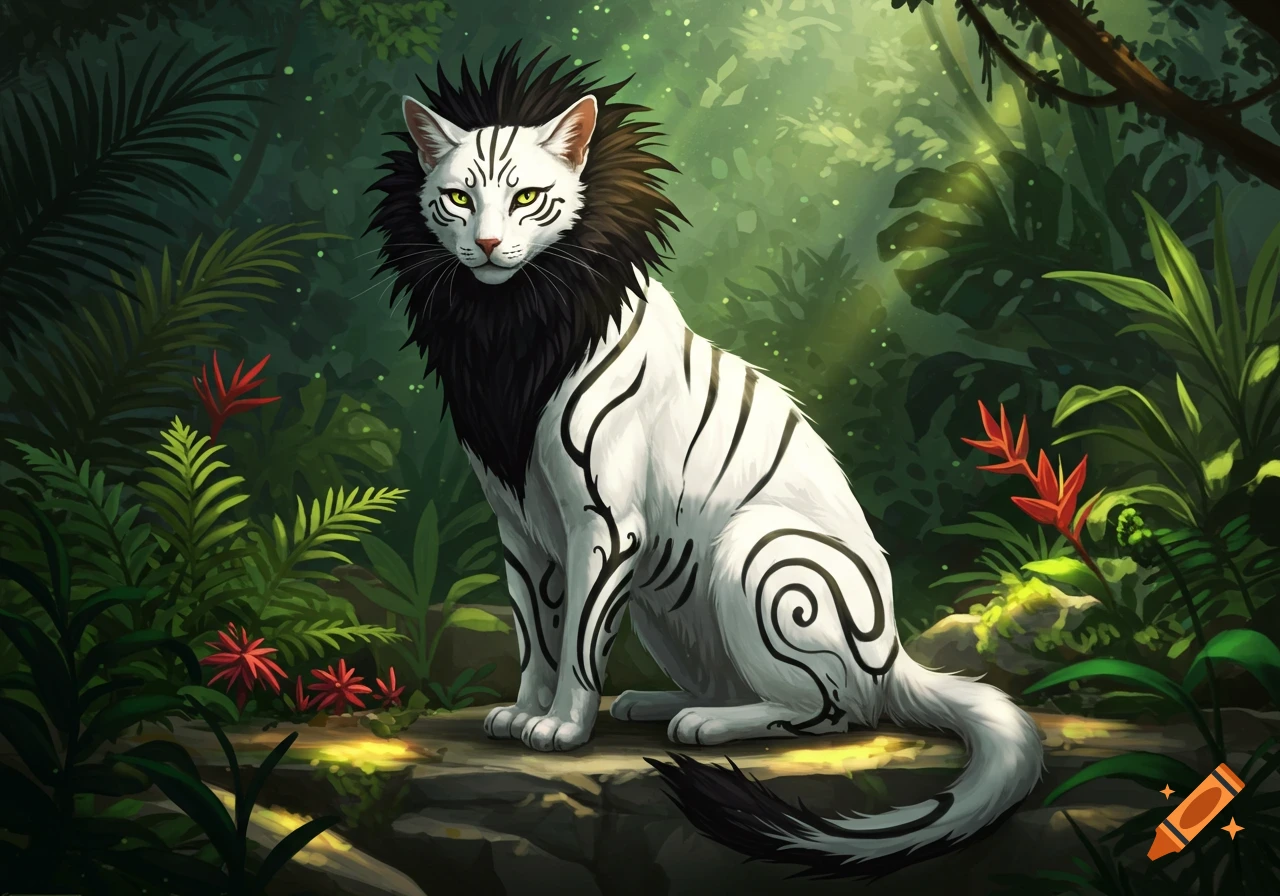A majestic white cat with a black lion's mane and black tribal markings sits in a lush green jungle.