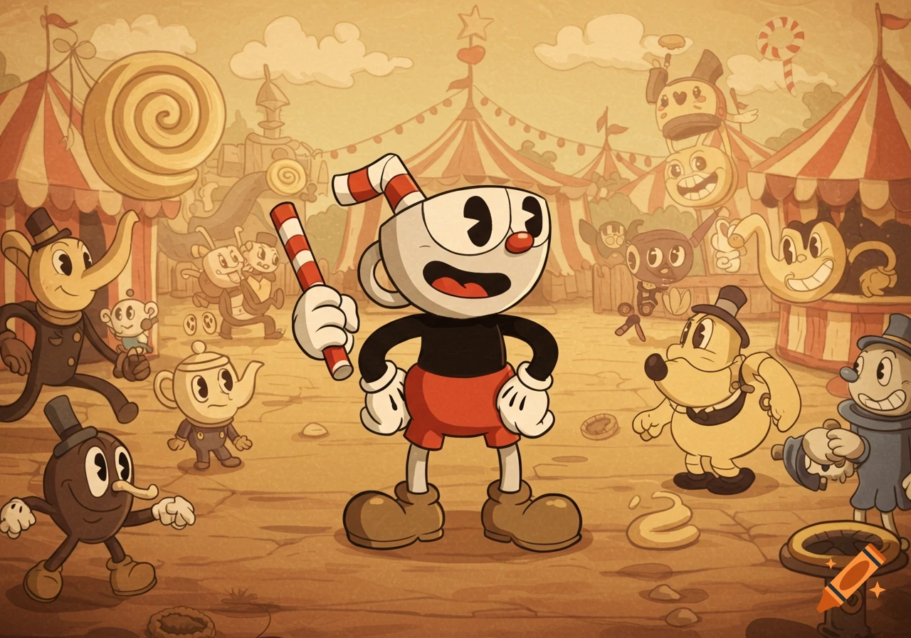 Cuphead in a retro cartoon carnival, holding a candy cane amidst other characters and tents.
