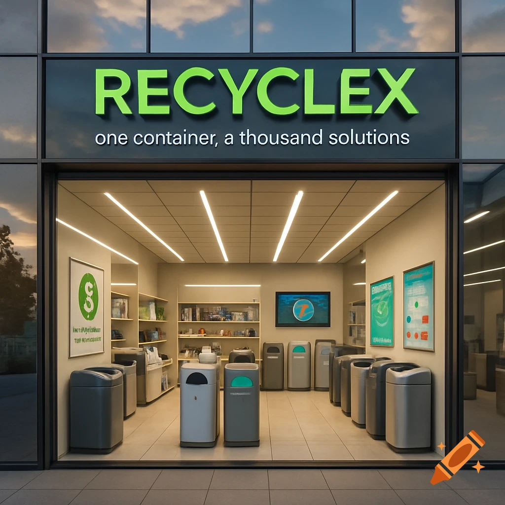 A modern store called Recyclex with a glass facade, displaying smart recycling containers inside. The sign reads 'RECYCLEX one container, a thousand solutions'.