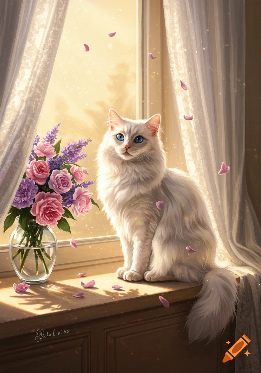 A fluffy white cat with blue eyes sits on a sunlit window sill next to a vase of pink and purple flowers, with petals falling.