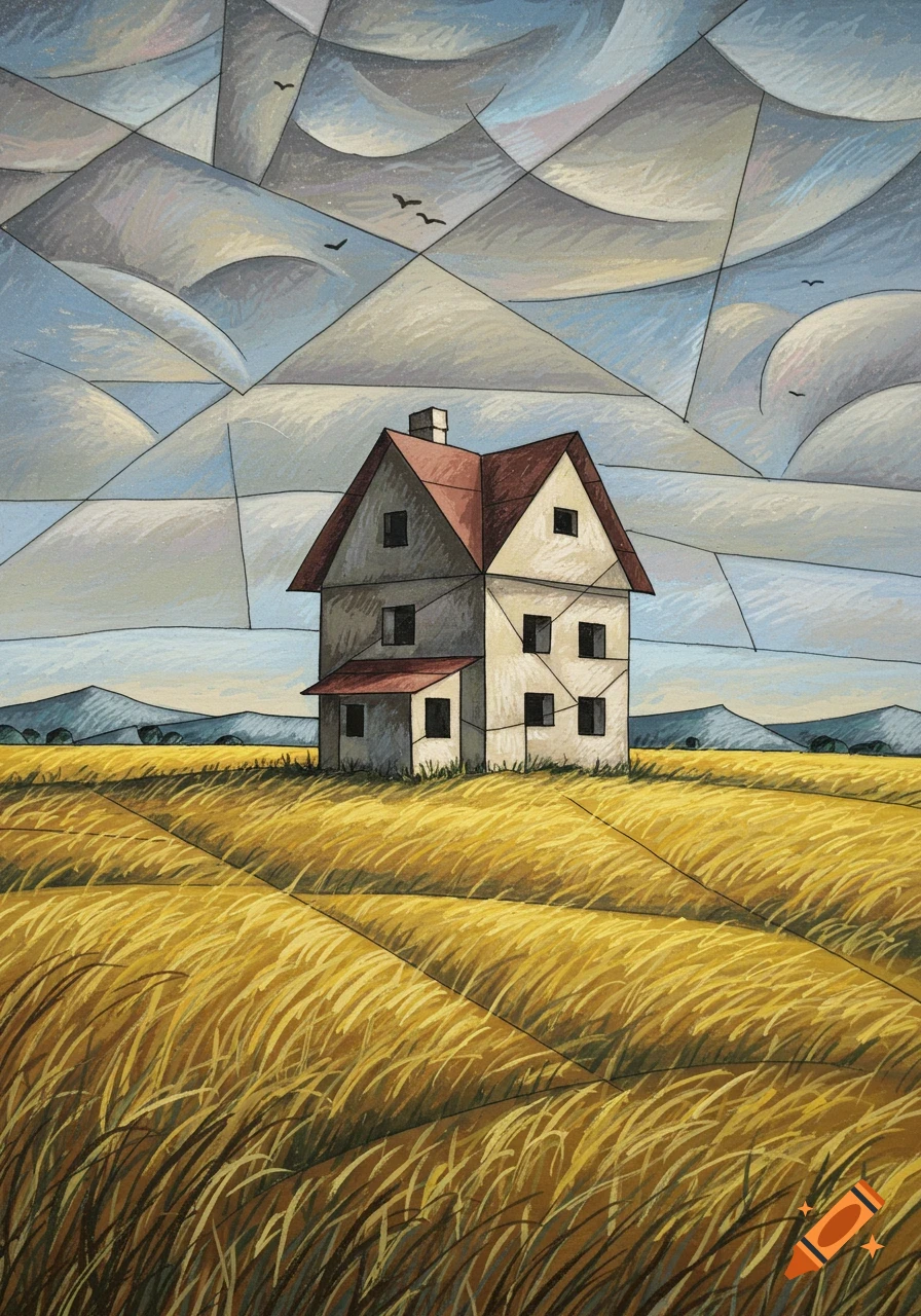 Cubist drawing of a solitary house with a red roof standing in a golden field under a geometrically segmented sky with birds.