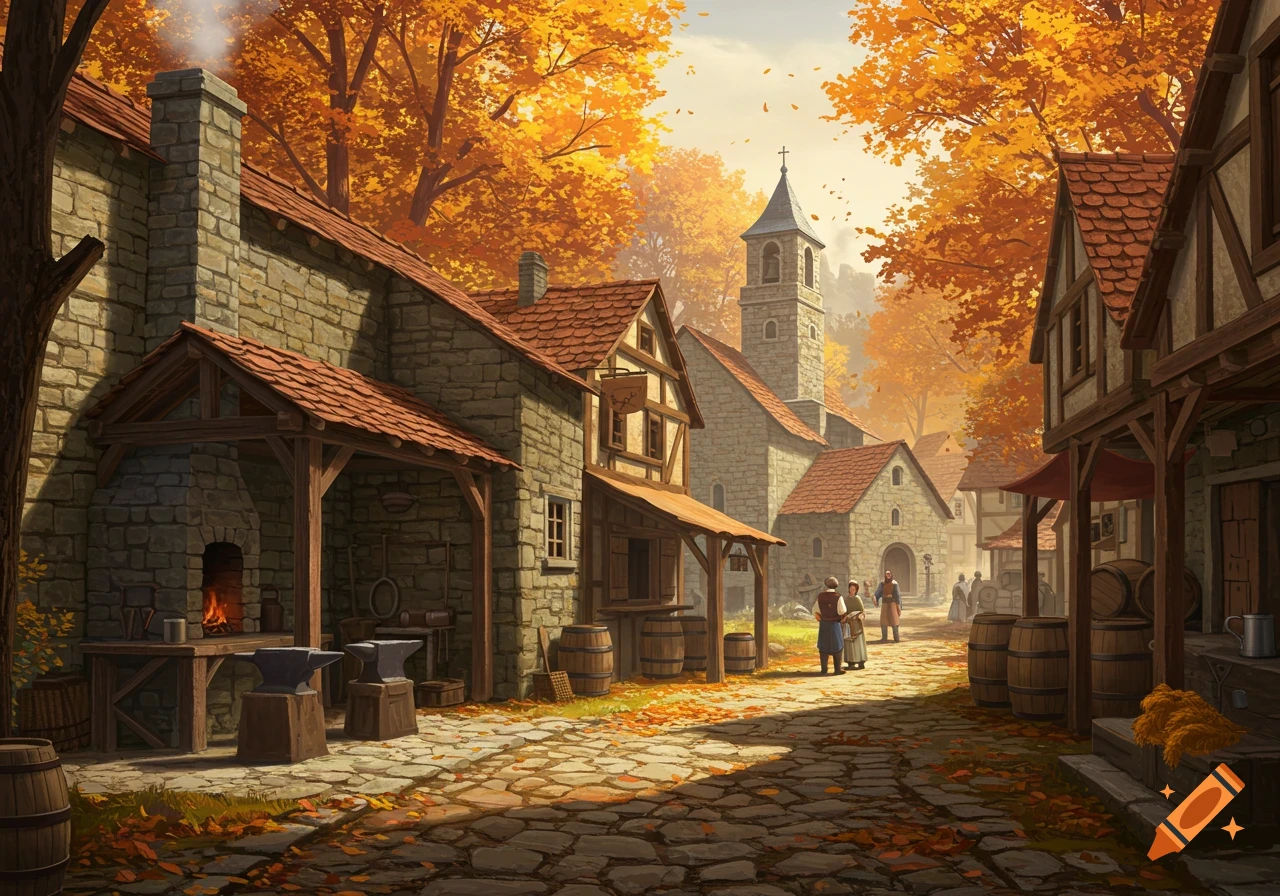 An illustrated medieval village street in autumn with stone buildings, a church, a blacksmith's shop, and colorful trees.