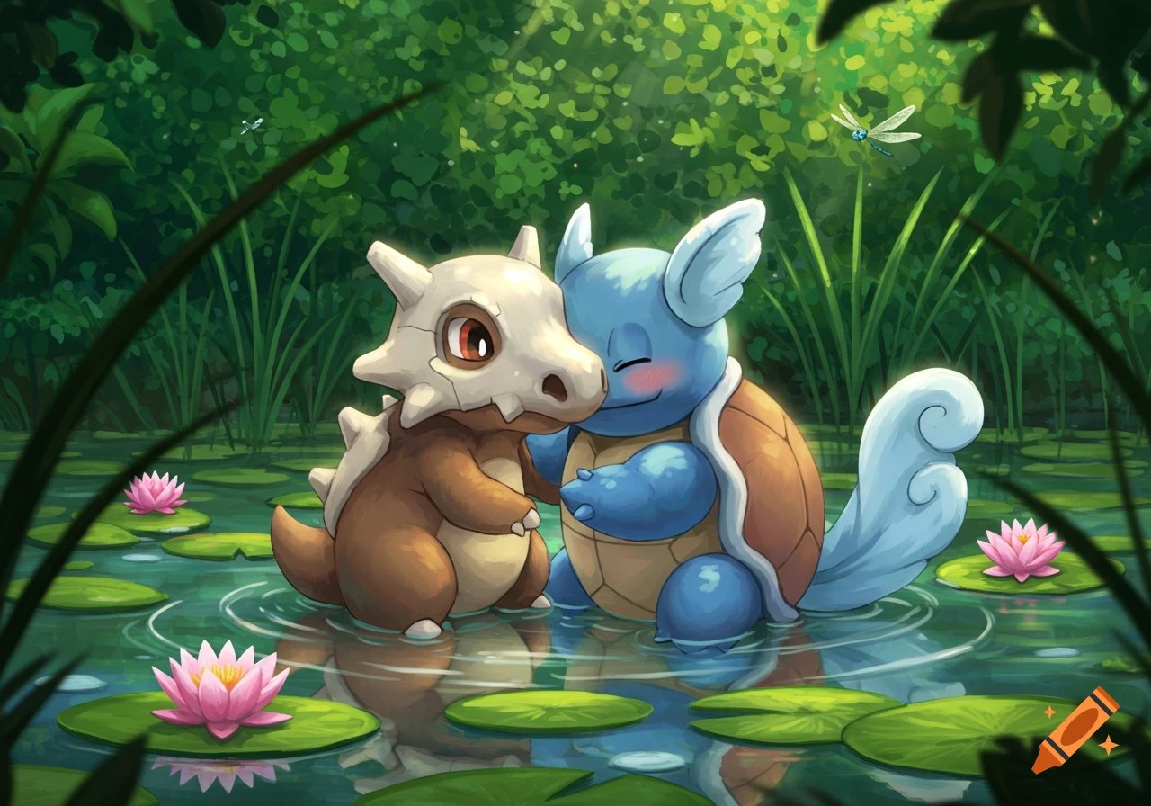 Cubone and Squirtle hugging in a lily pad pond with a dragonfly flying above, in an illustrated style.