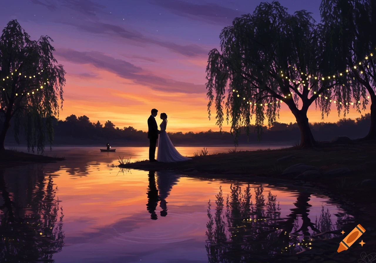 Illustrated image of a wedding couple standing by a lake at sunset, with willow trees adorned with string lights reflected in the water.