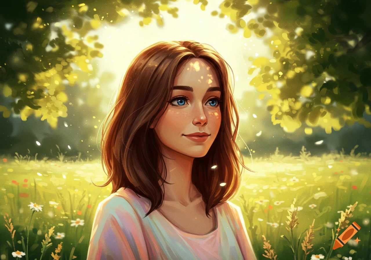 A young woman with brown hair and blue eyes stands in a sunny, green field with trees and flowers, rendered in a digital art style.
