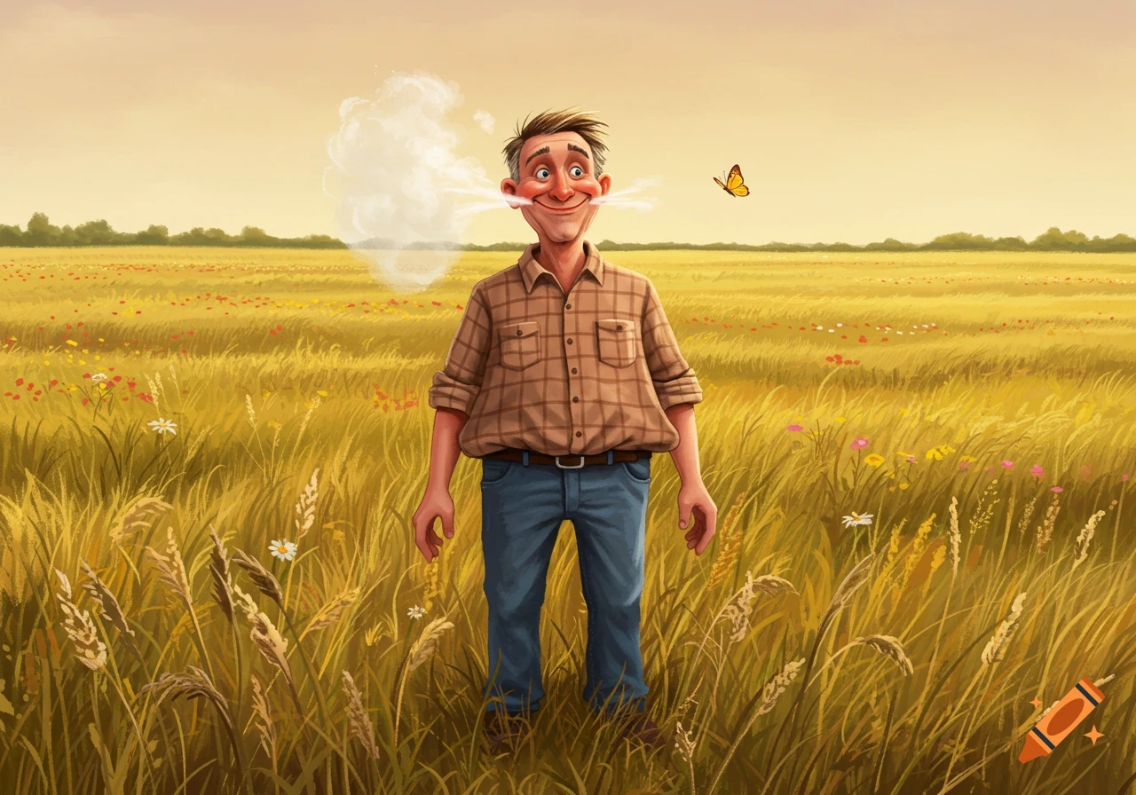 Cartoon man in a plaid shirt stands smiling in a golden field, puffing a cloud from his mouth as a butterfly flies by.