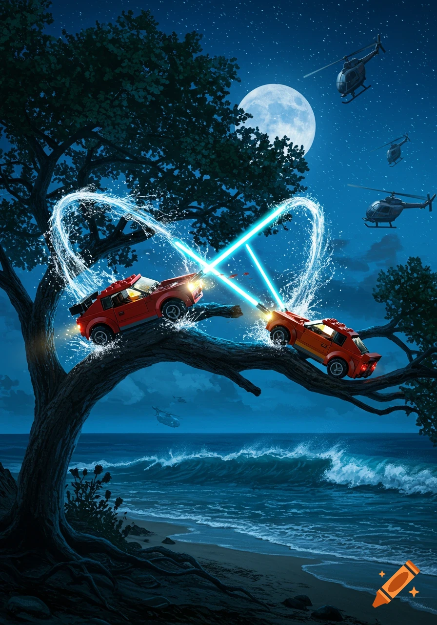 Two red Lego cars battle with blue energy beams on a tree branch over a moonlit beach with crashing waves and helicopters at night.