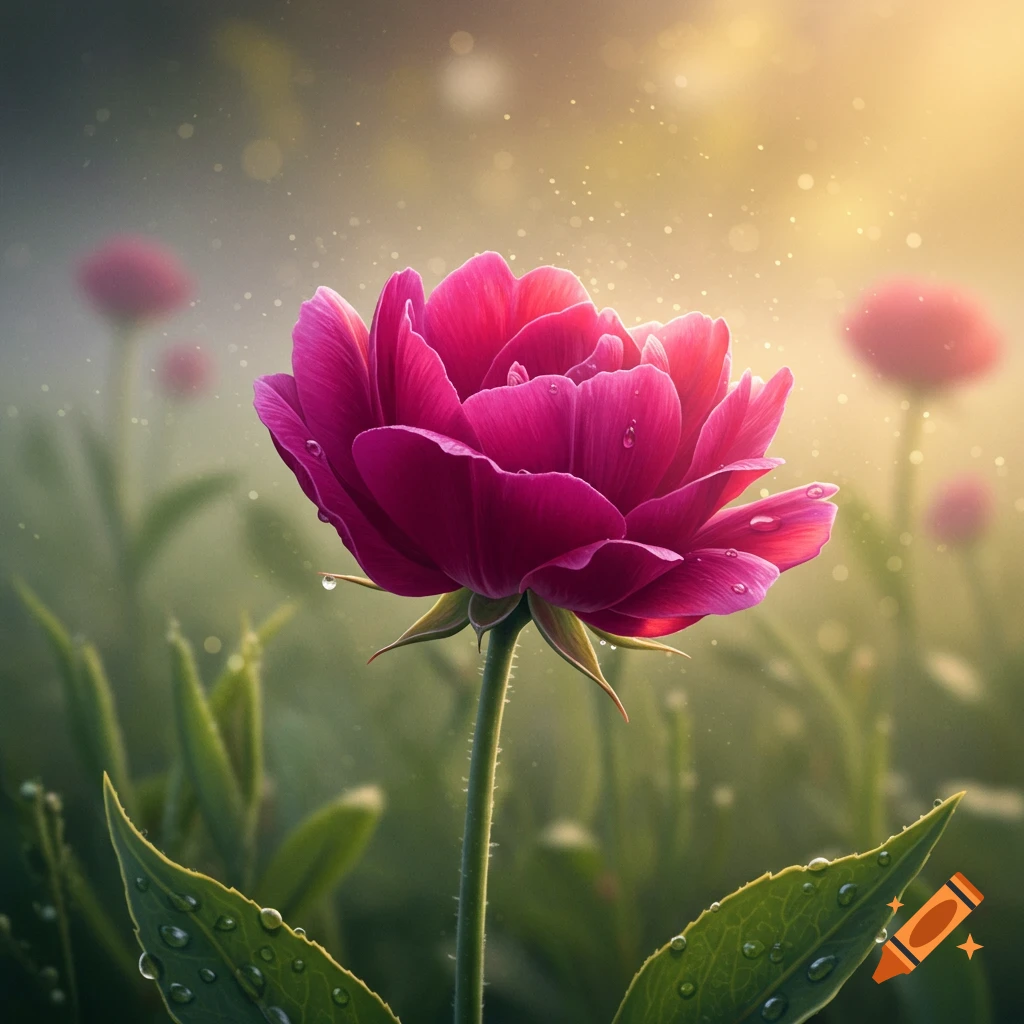Close-up of a vibrant pink flower with water droplets, illuminated by golden light in a soft-focus garden.