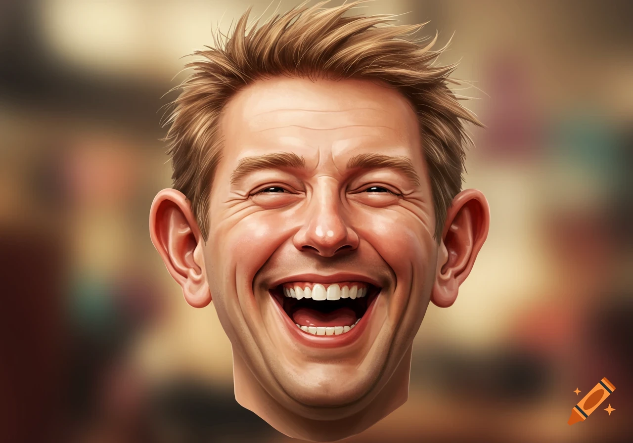 Close-up illustration of a light-skinned man's head with short blonde hair, laughing heartily with his mouth open and eyes crinkled.