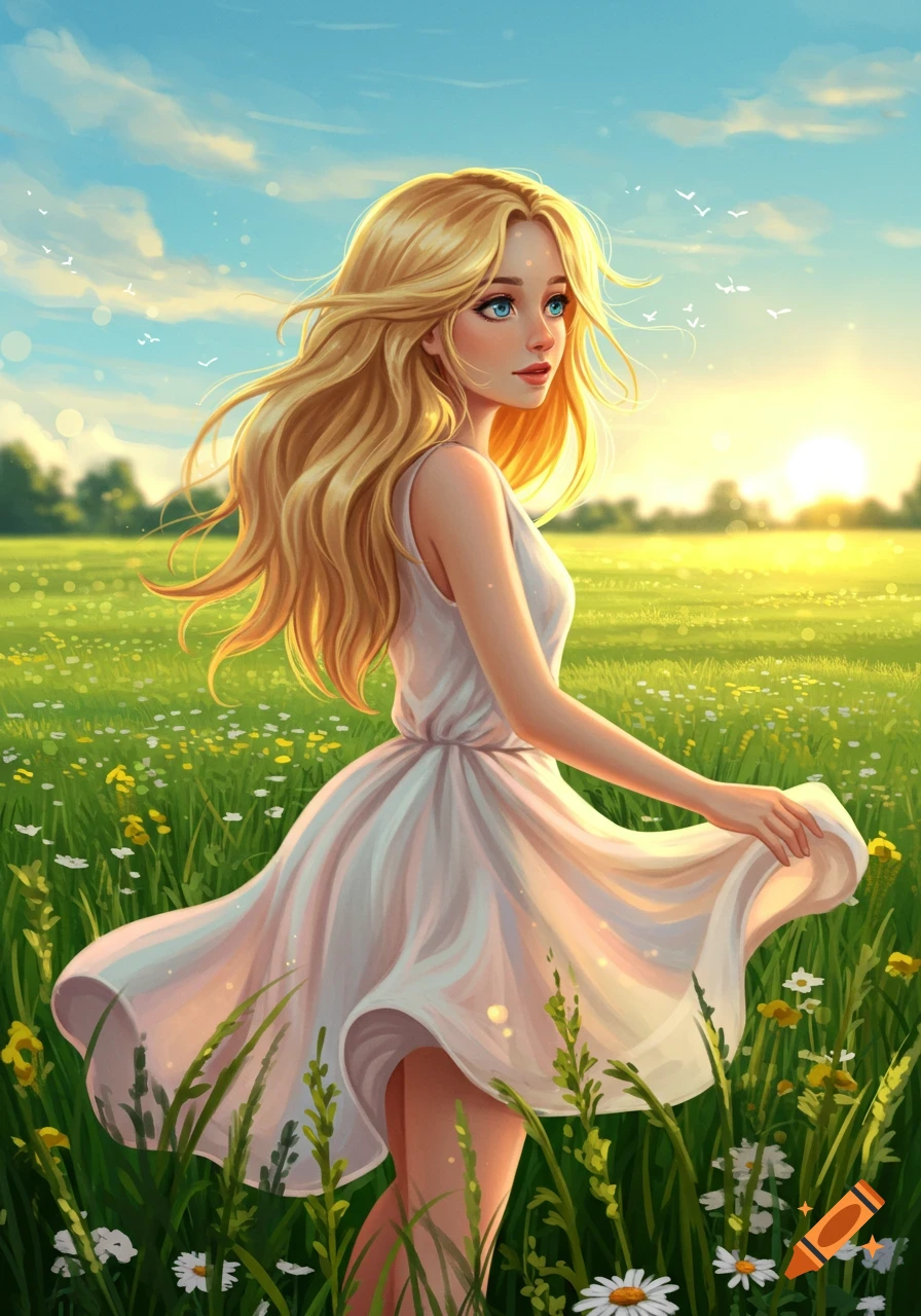 Digital art of a pretty blonde girl in a white dress standing in a sunlit grassy field with flowers, looking away, at sunset.