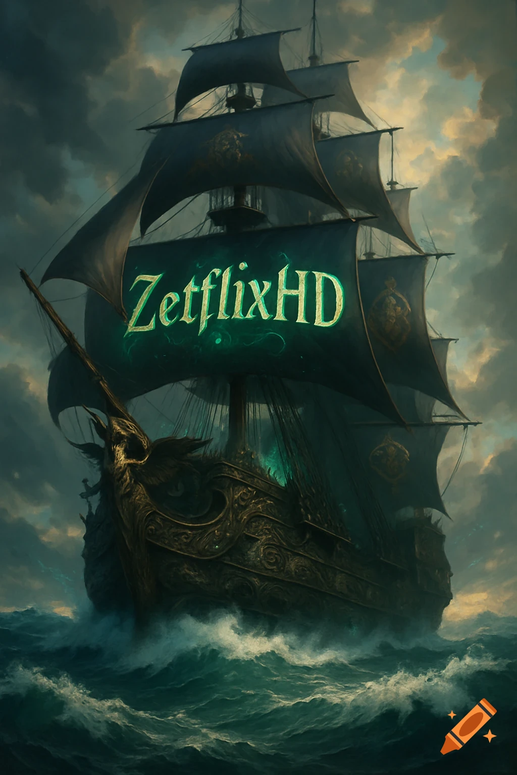 A detailed fantasy pirate ship with 'ZetflixHD' on its main sail, sailing through stormy emerald seas under dramatic clouds.