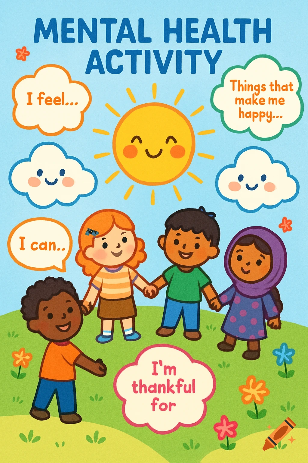 A cute children's illustration for a mental health activity page with diverse kids, a smiling sun, clouds, and prompts.
