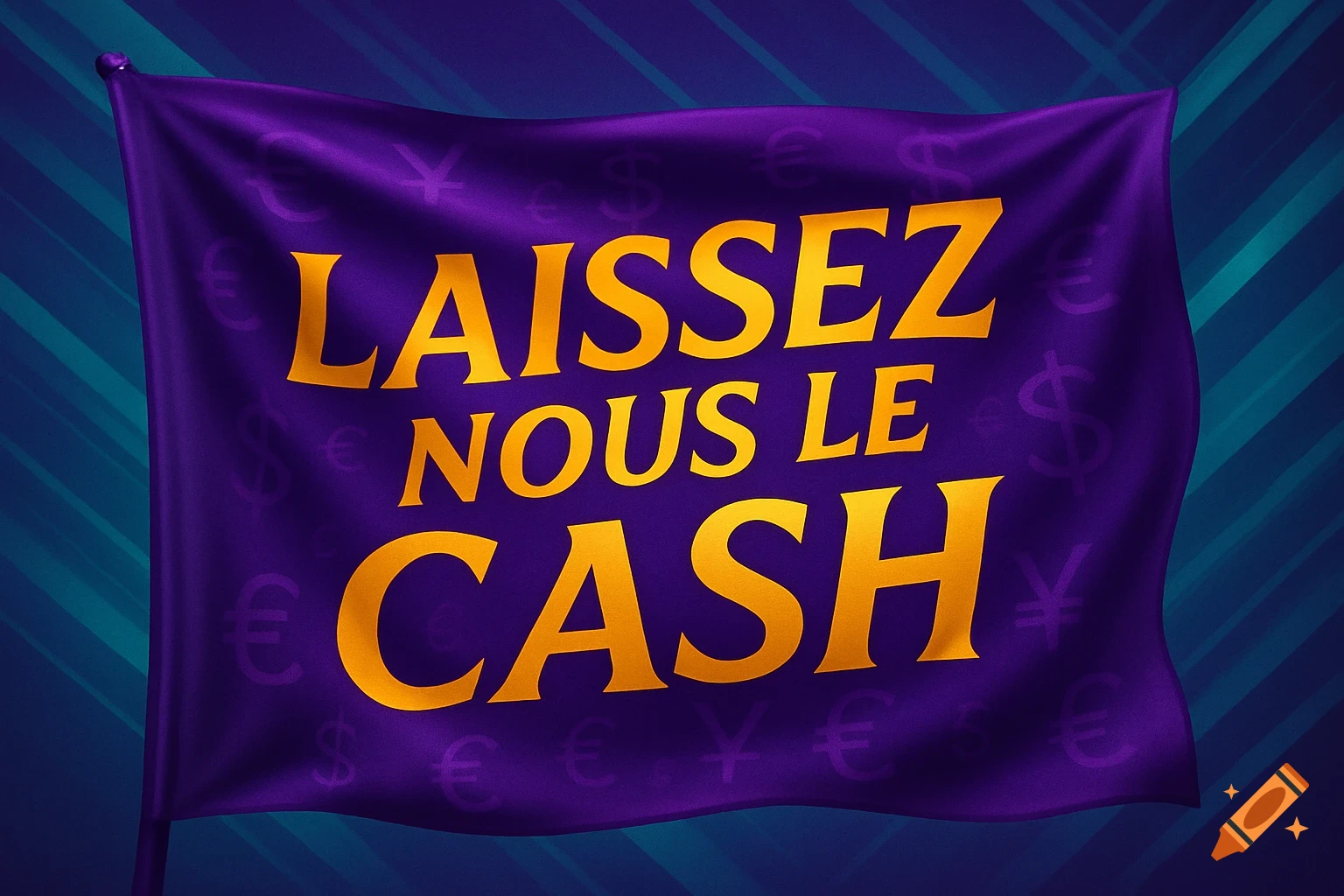 A purple banner with gold text LAISSEZ NOUS LE CASH and faint currency symbols, against a blue background.