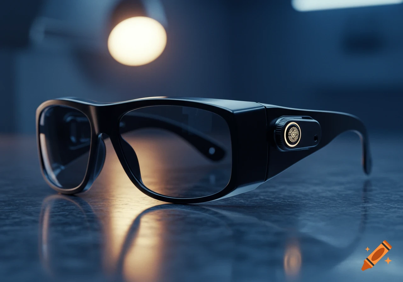 Black safety glasses with a gold circular sensor on the arm, reflecting on a dark surface under a blurred warm light.