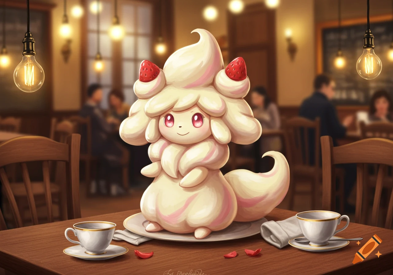 A cute, cream-colored Alcremie Pokémon with strawberry decorations sits on a table in a cozy cafe next to two tea cups.