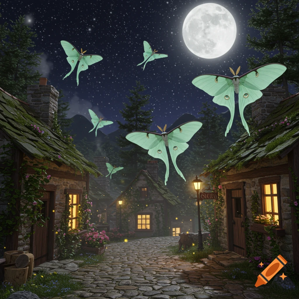Several large green luna moths fly under a bright full moon over an enchanted cobblestone village lit by glowing windows and fireflies at night.