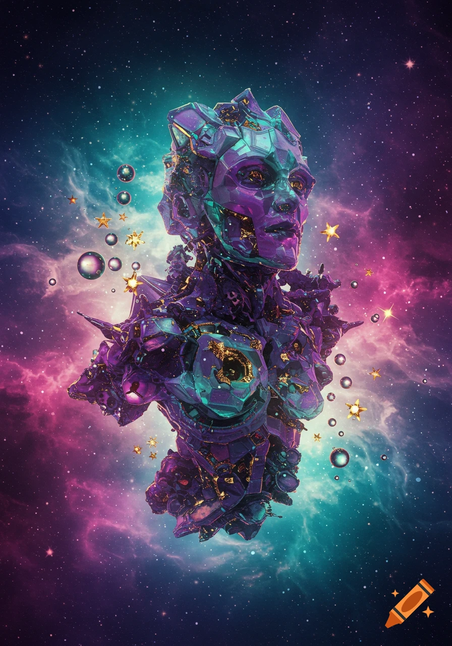 A vibrant, futuristic geometric bust, teal and purple with gold accents, floats in a cosmic nebula filled with stars and glowing orbs.