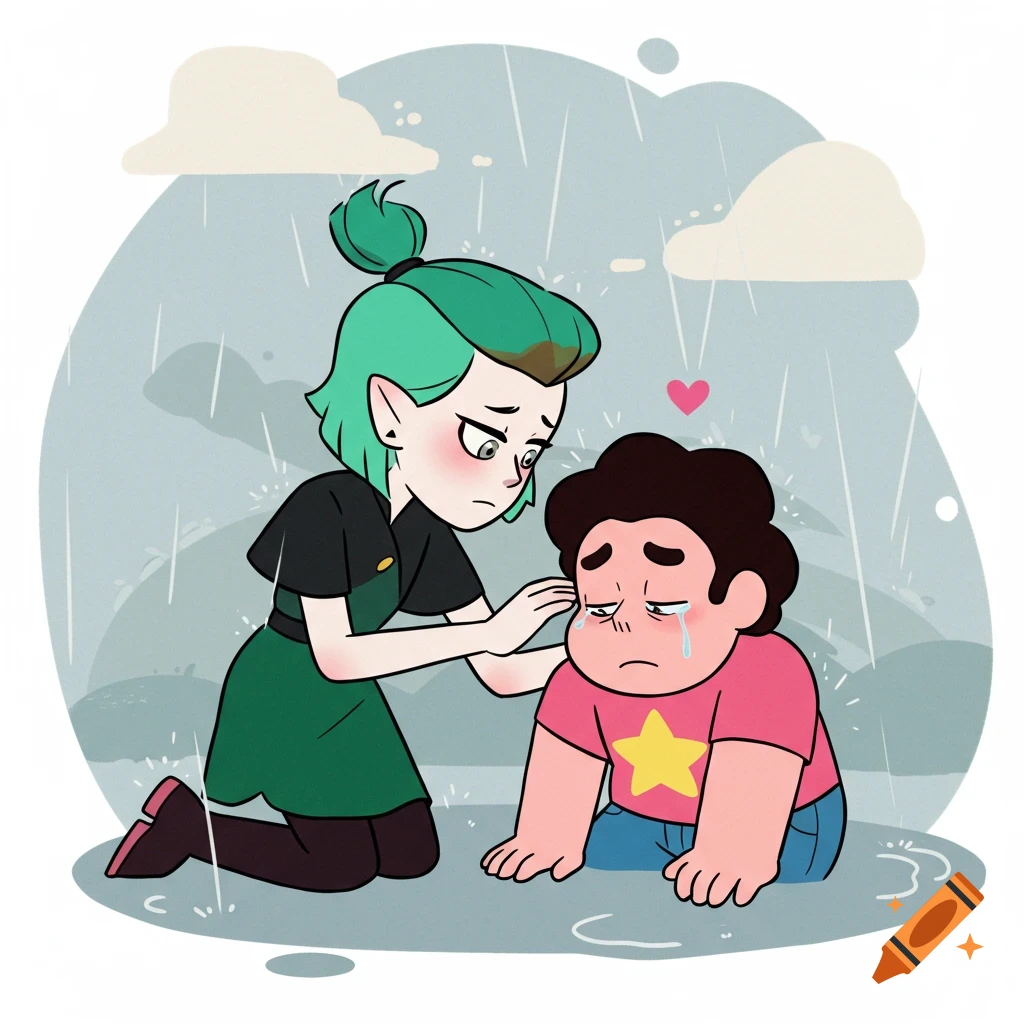 Amity Blight kneels to comfort a crying Steven Universe in the rain, in a cartoon style.