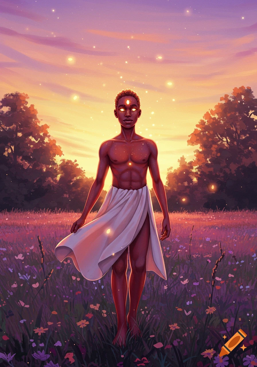A bare-chested man with glowing eyes and a third eye stands in a purple wildflower field at sunset, surrounded by ethereal lights, digital art.