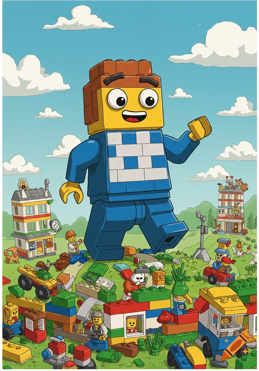 A large Lego character walks through a vibrant, cartoonish miniature Lego town with many small figures and buildings.