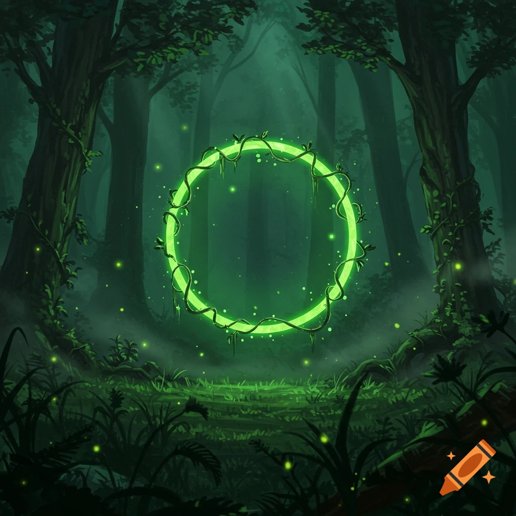 A vibrant glowing green ring entwined with vines floats amidst a dark, misty, and ethereal forest.