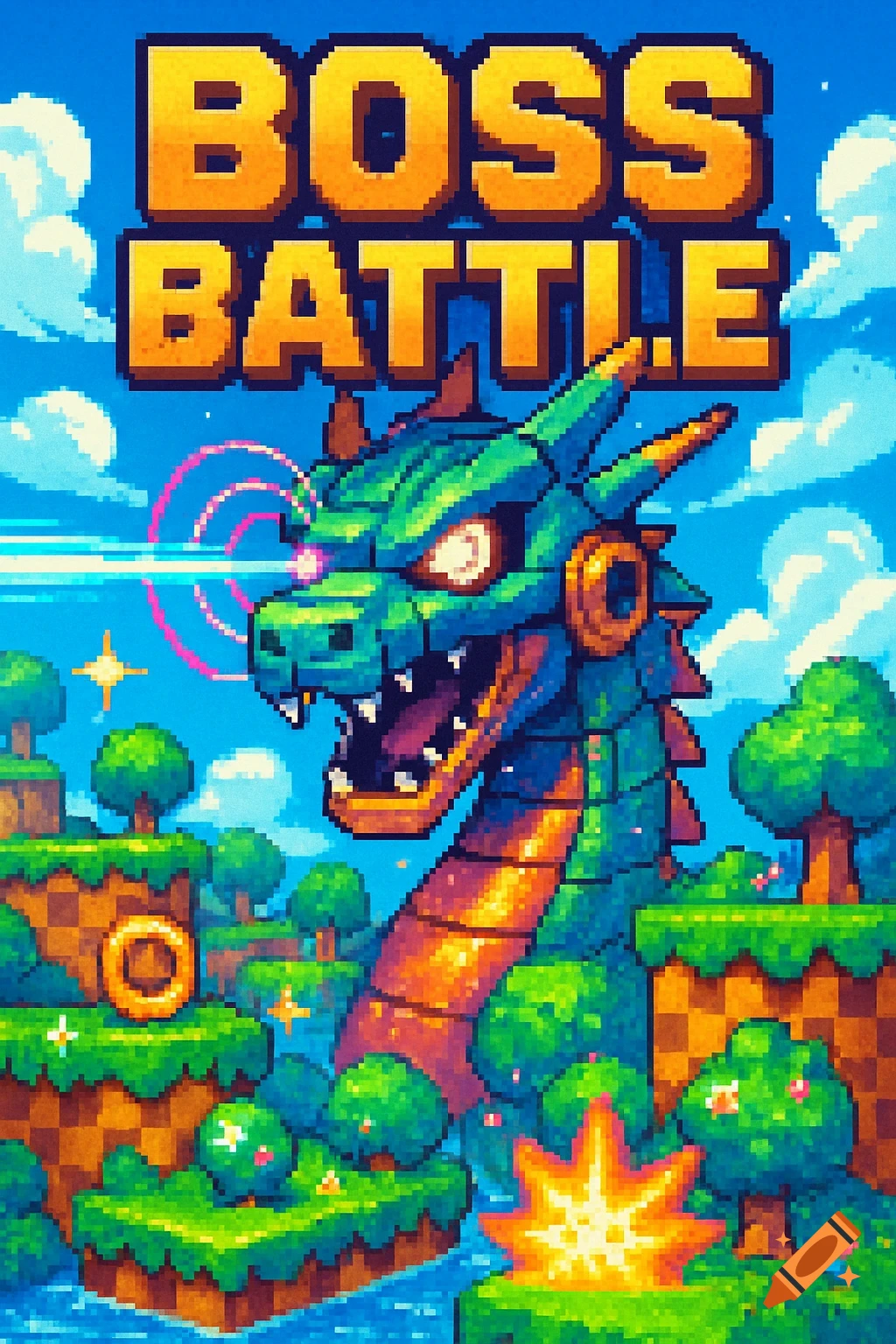Pixel art video game boss battle UI with a large green dragon firing a beam in a vibrant, blocky landscape.