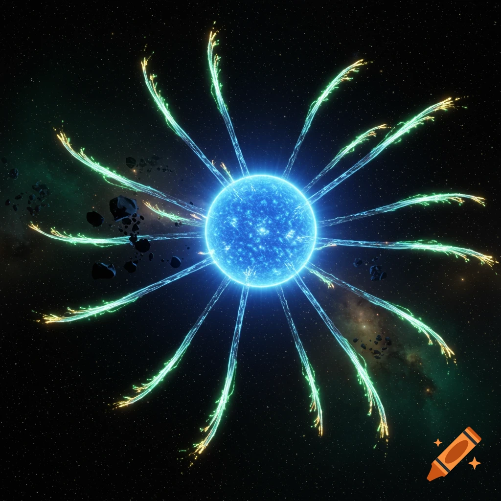 A vibrant blue star with glowing green and yellow tendrils radiating into space, surrounded by dark asteroids.