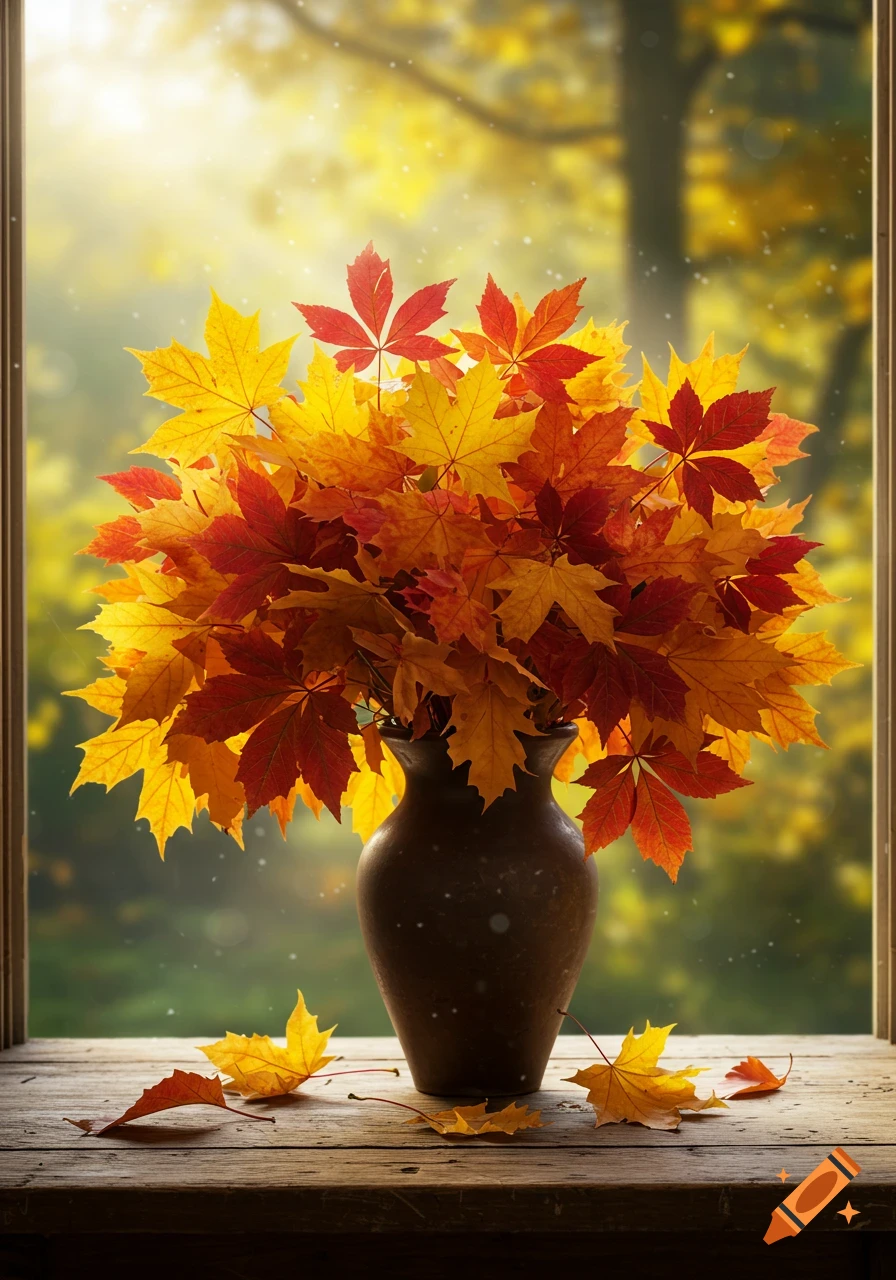 Vibrant red and yellow autumn leaves in a dark vase on a wooden windowsill, with a sunny fall landscape outside.