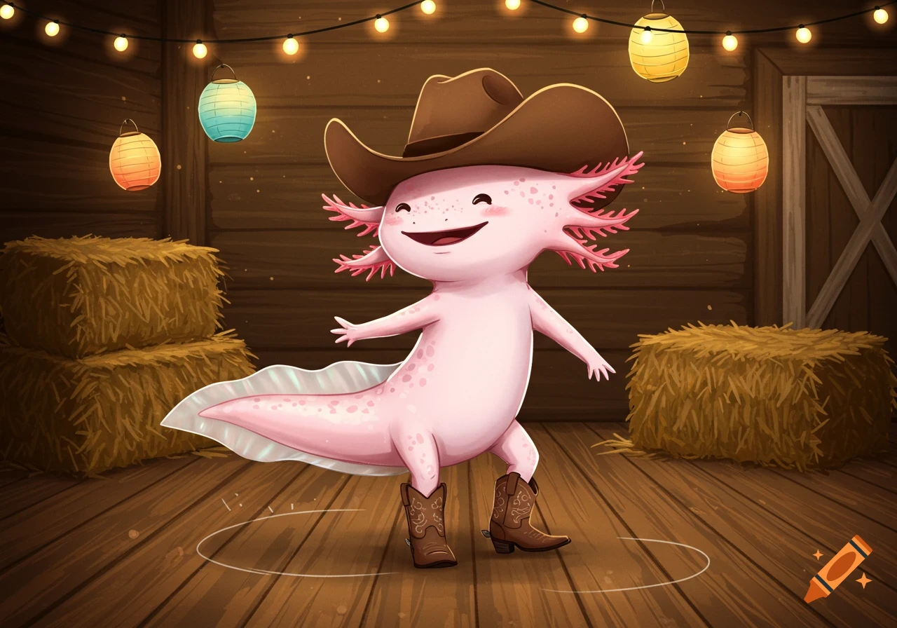 A cute, pink, cartoon axolotl wearing a cowboy hat and boots, line dancing in a barn with hay bales and string lights.