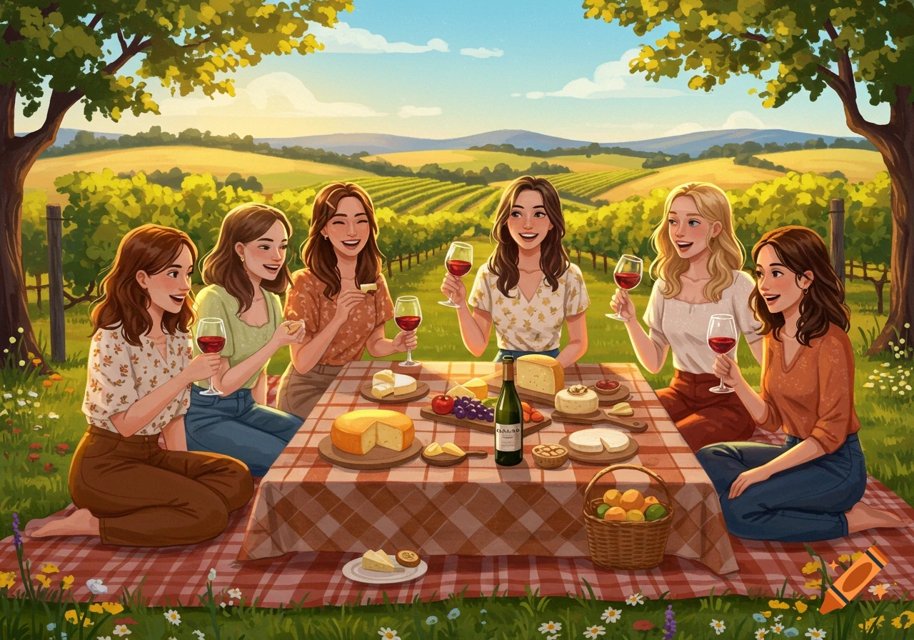 Six women picnic in a sunny vineyard, sharing cheese and wine on a red checkered blanket.