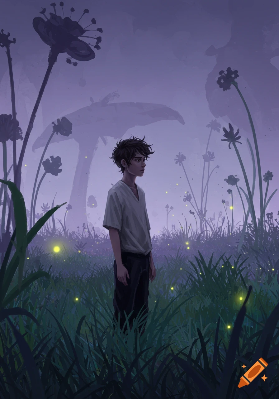A melancholic young man with dark, messy hair stands in a purple-hued fantasy field with tall plants and glowing fireflies.