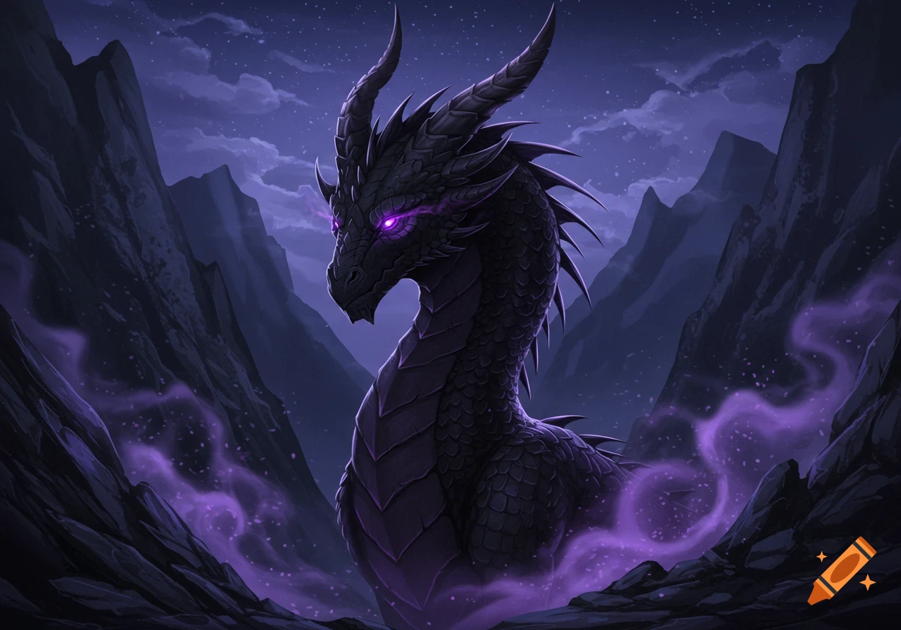 A majestic black dragon with gray horns and glowing purple eyes emerges from purple mist in a dark mountain landscape.