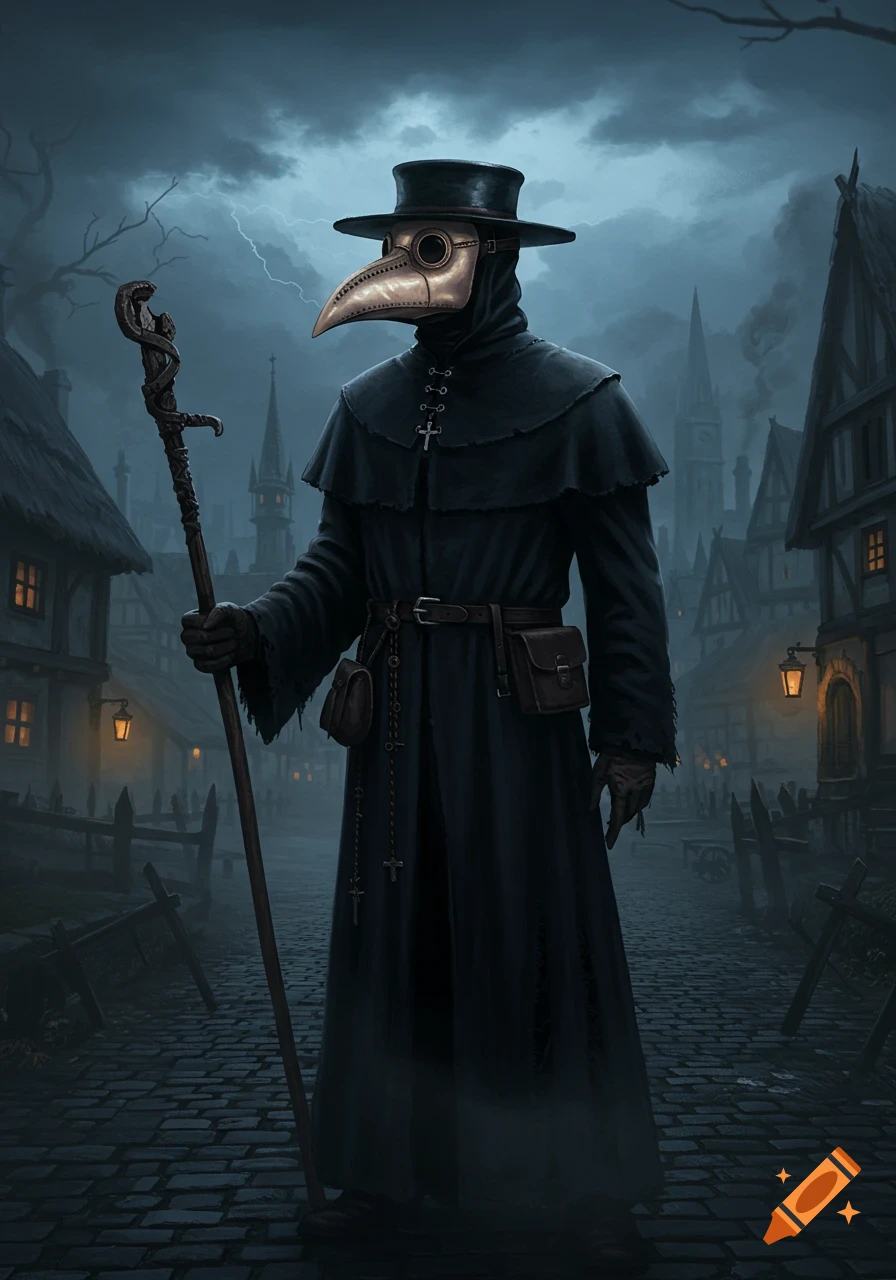 A plague doctor in a black coat and beaked mask, holding a staff, stands on a cobblestone street in a gloomy, ancient town under a stormy sky.