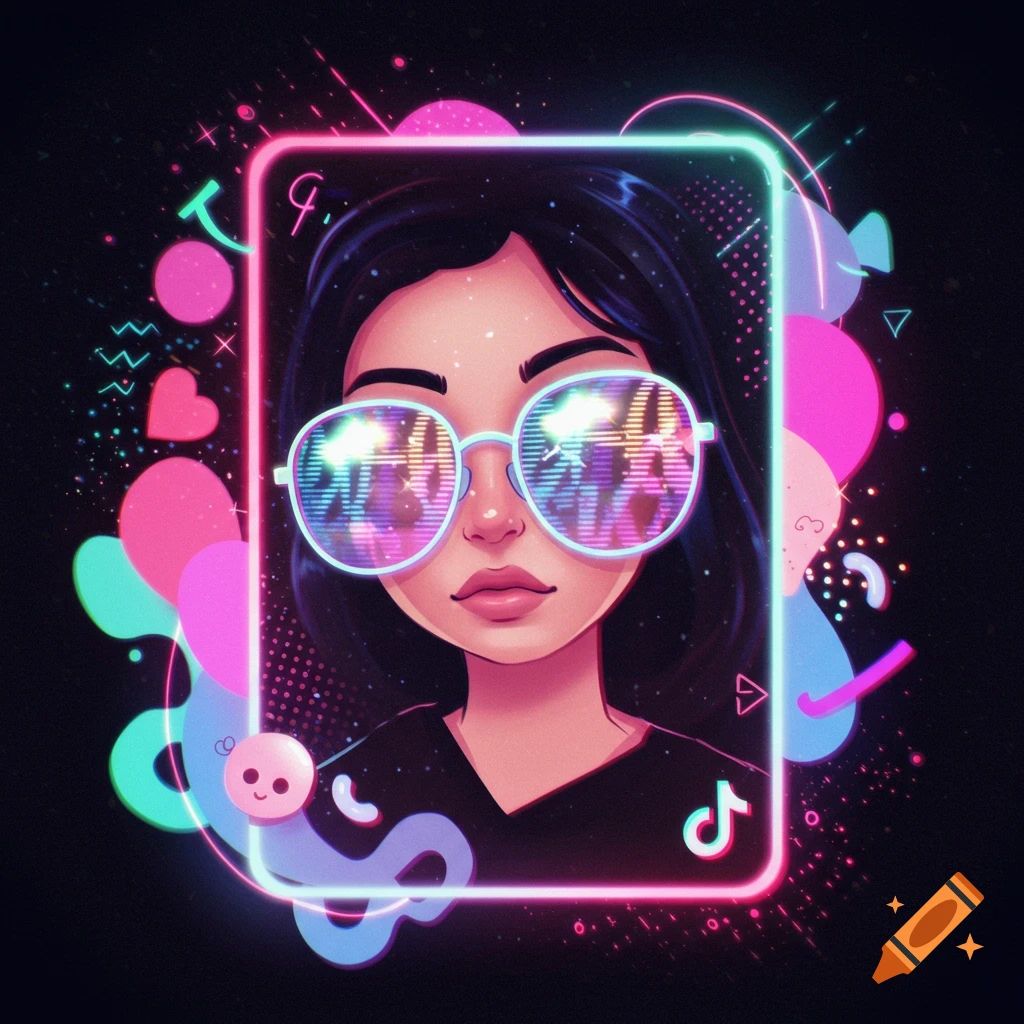 Stylized illustration of a person with dark hair wearing round neon glasses, framed by a glowing rectangle with a TikTok logo, amidst vibrant neon shapes.