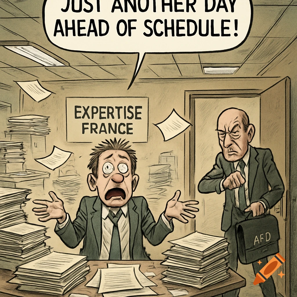 Cartoon of a stressed man surrounded by papers in an office, an angry man with an 'AFD' briefcase watches. Speech bubble says 'JUST ANOTHER DAY AHEAD OF SCHEDULE!'.
