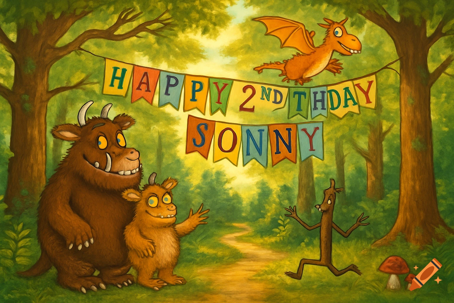 A Gruffalo, Gruffalo child, Stickman, and Zog celebrate a birthday in a forest with a "Happy 2nd Birthday Sonny" banner.