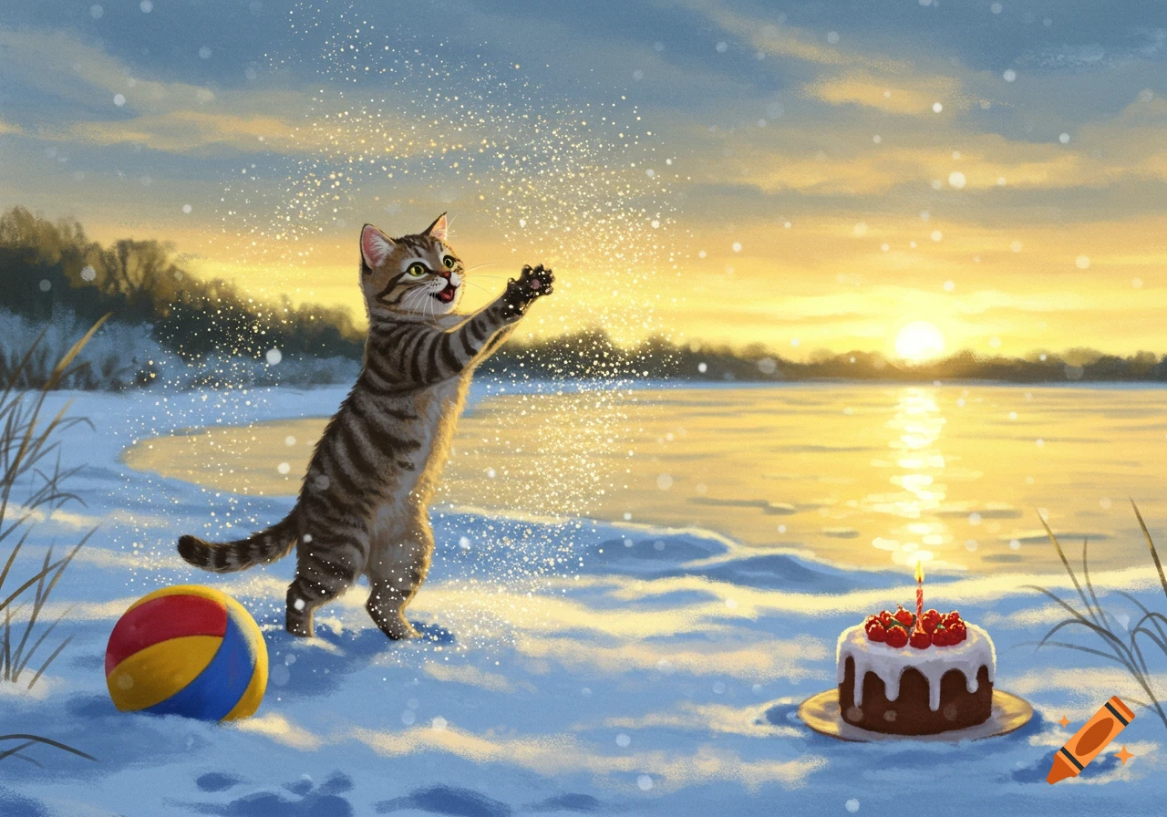 A tabby cat plays in sparkling snow by a frozen lake at sunset, with a beach ball and a birthday cake.